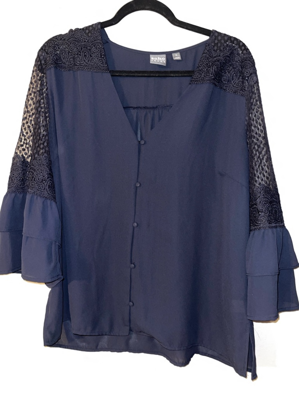 SOHO New York and Co Navy Lace-Sleeve V-Neck Button Front Blouse